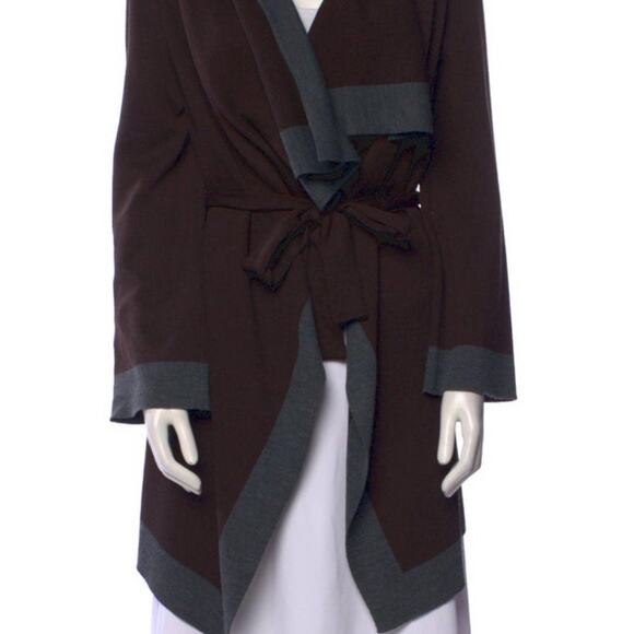 St John Draping Cascade Belted Open Wrap Cardigan Brown Gray Size P EUC - Picture 4 of 4